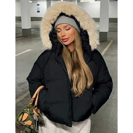 Short down jacket with fur hood