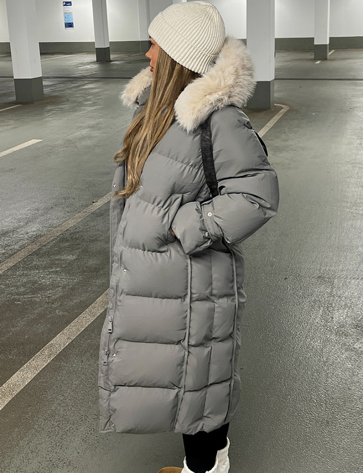 Long down jacket with fur hood