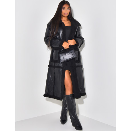 Faux leather coat with sheepskin trim