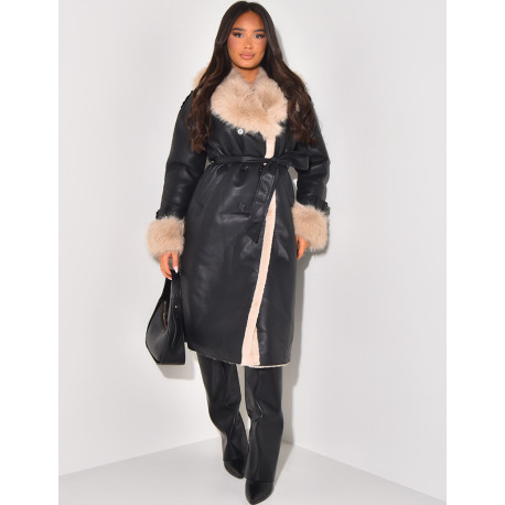 Black faux leather coat with taupe faux fur