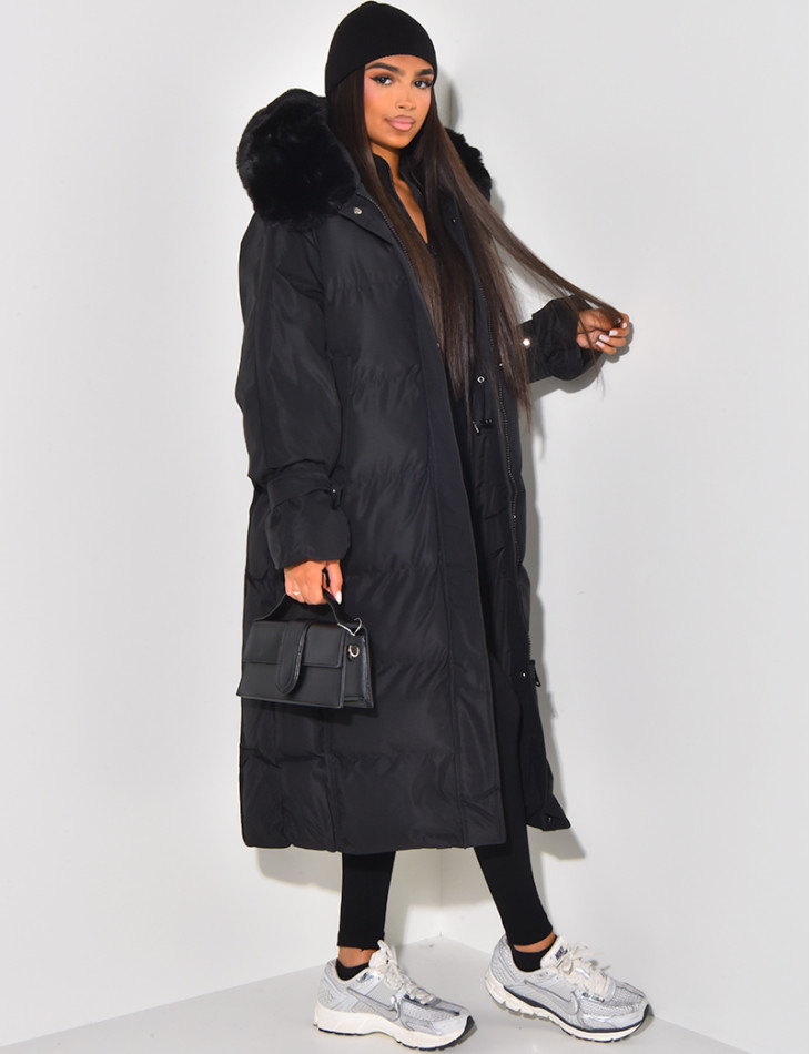 Long Puffer Jacket with Faux Fur-lined hood