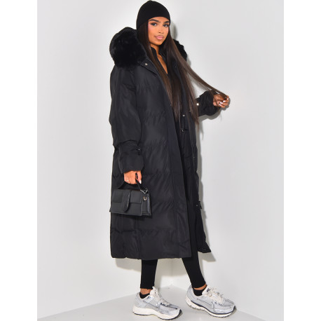 Long Puffer Jacket with Faux Fur-lined hood