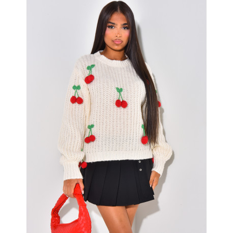 Loose-fitting jumper with embossed cherries