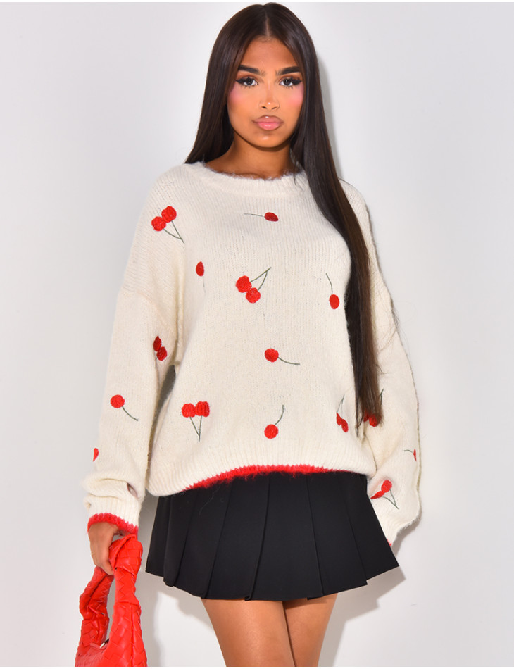 Loose-fitting wool jumper with cherry design