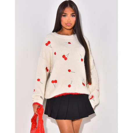 Loose-fitting wool jumper with cherry design