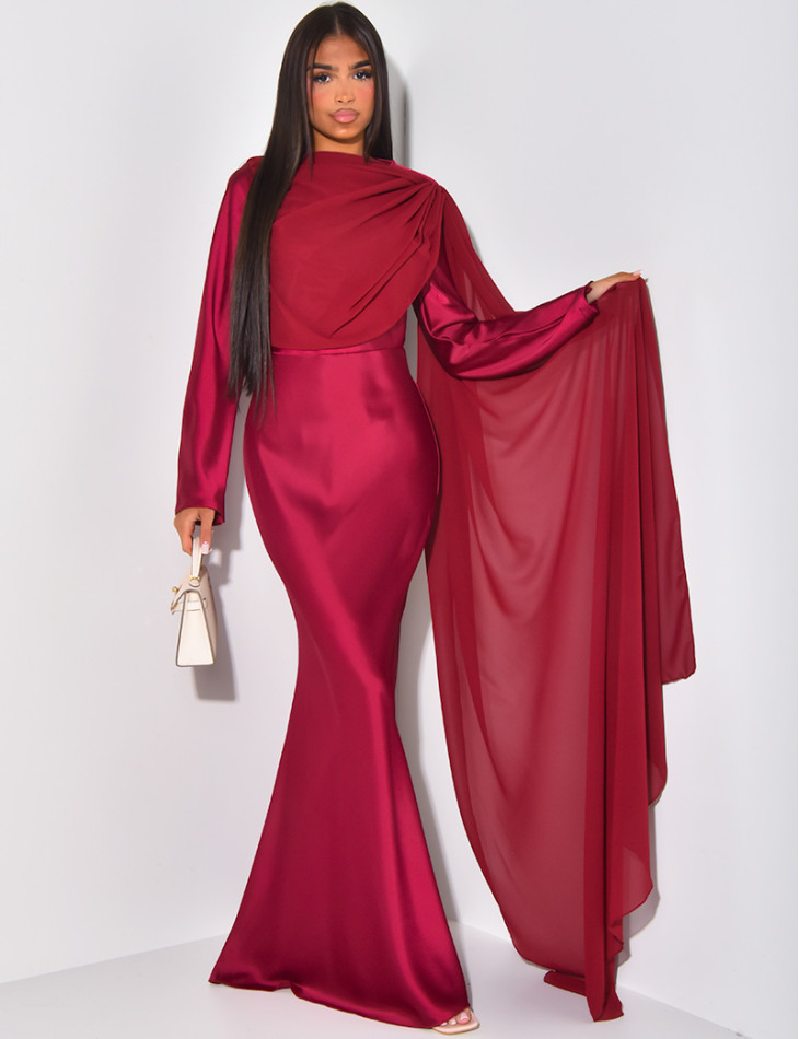 Long satin dress with veil at the front