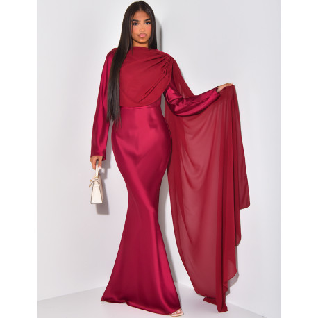 Long satin dress with veil at the front