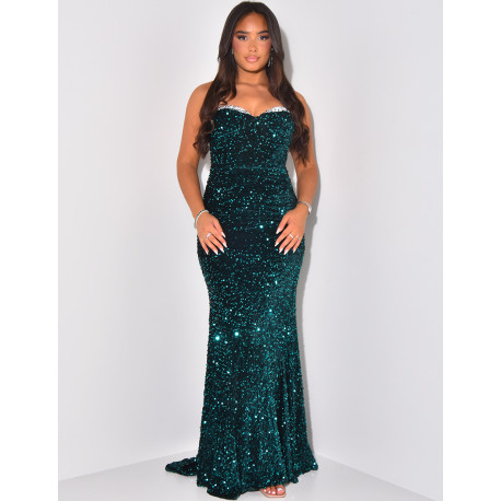 Robe bustier longue sirène en velours et sequins