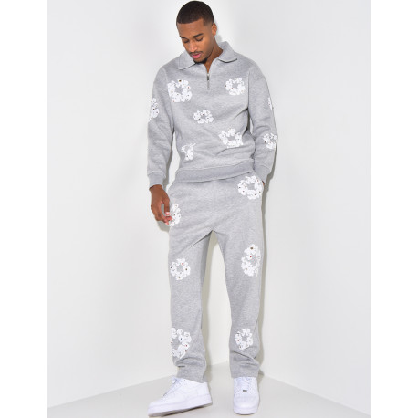 Ensemble jogging et sweat à zip motifs fleurs