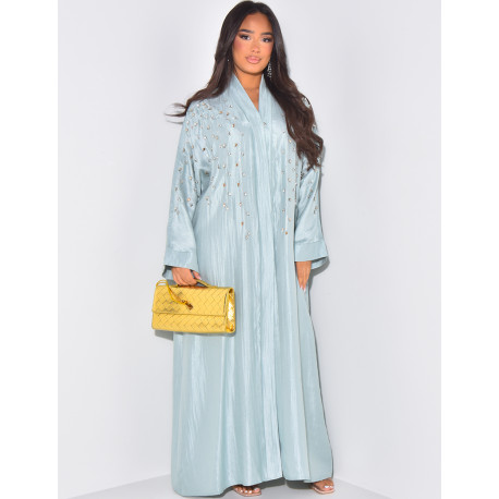 Abaya en satin brillant et cristaux en forme de gouttes