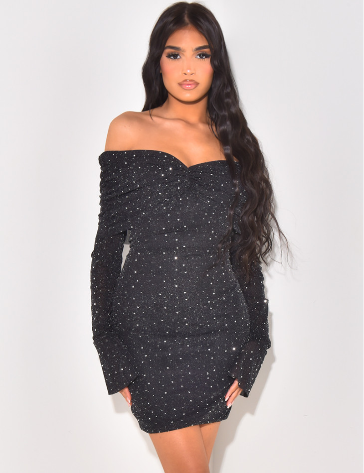 Sparkling boat-neck short dress with rhinestones