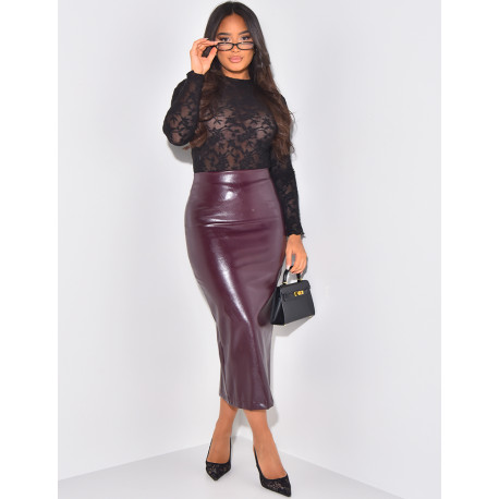 High waisted long faux leather skirt