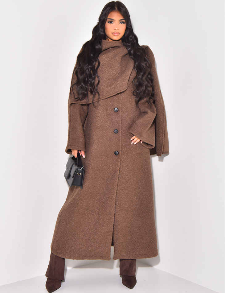 Long coat in curly wool with scarf-effect collar