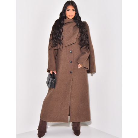 Long coat in curly wool with scarf-effect collar