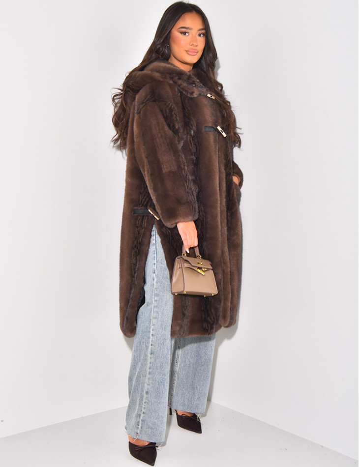 Loose-fitting faux fur coat with hood