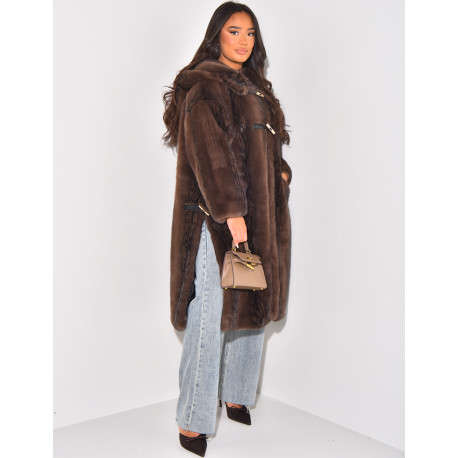 Loose-fitting faux fur coat with hood