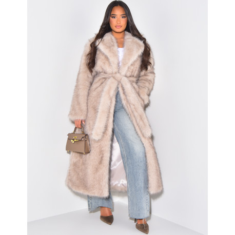 Oversized premium faux fur coat with belt