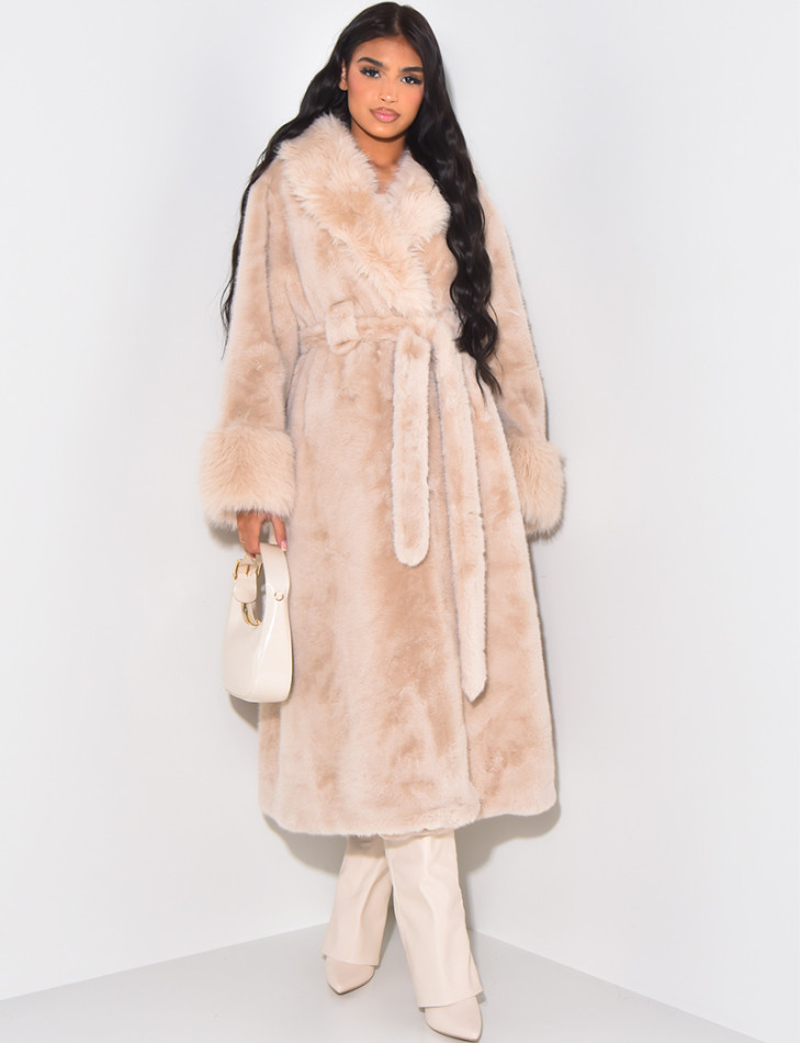 Belted faux fur coat