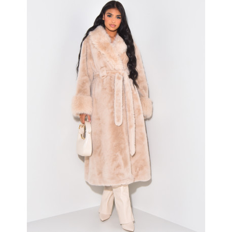 Belted faux fur coat