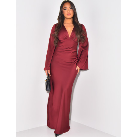 Long satin dress with flared sleeves