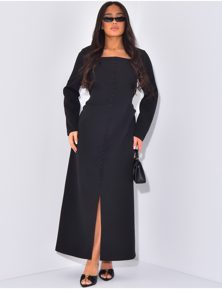 Robe longue col carré boutonnée à nouer dans le dos