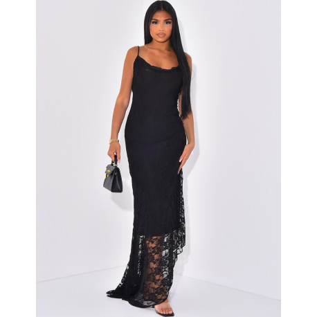 Long lace dress with draped collar