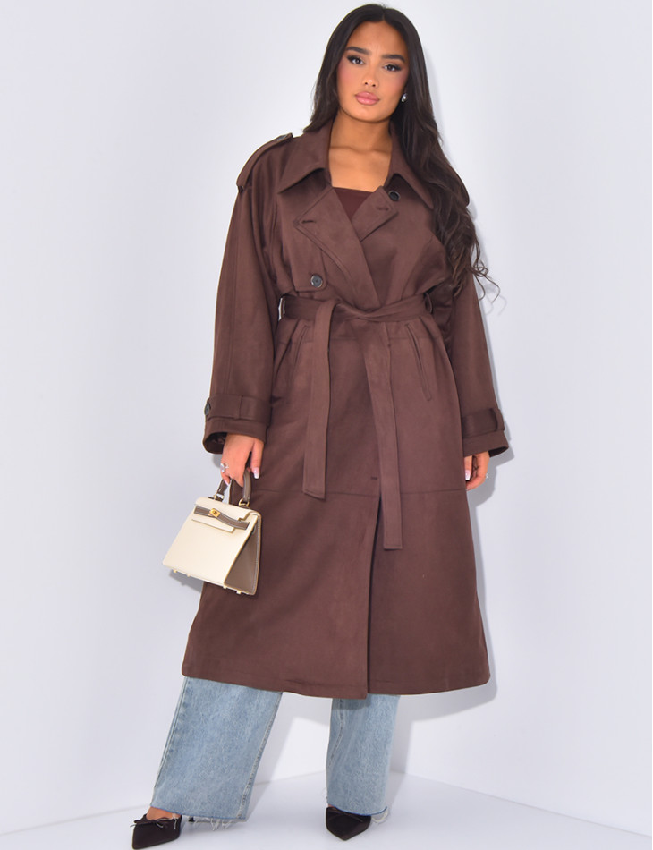 Long suede trench coat to tie