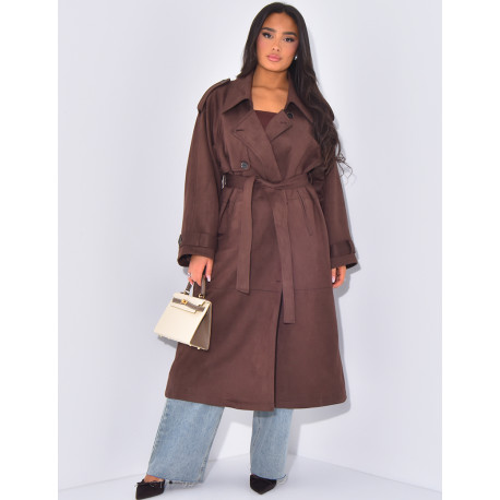 Long suede trench coat to tie