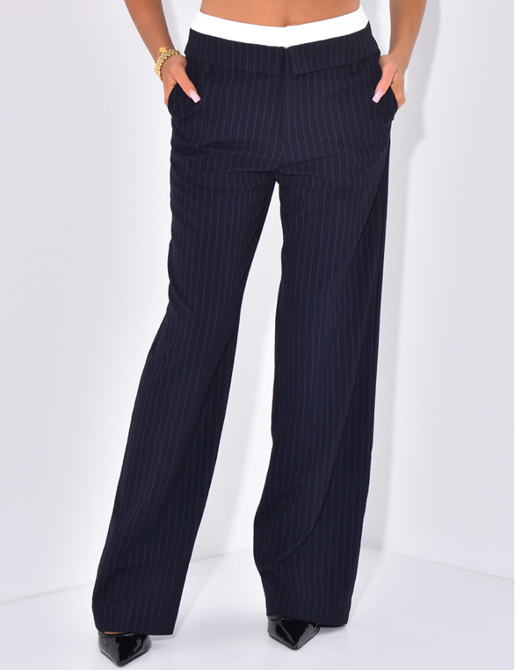 Striped tailored trousers with turn-ups at the waist