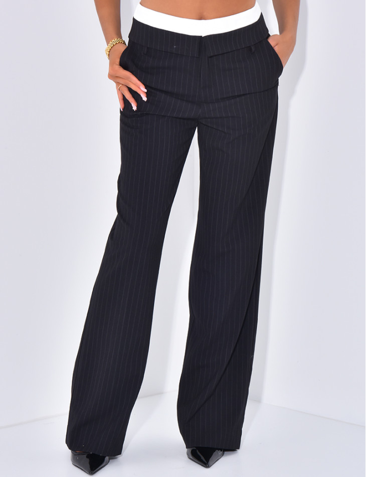 Striped tailored trousers with turn-ups at the waist