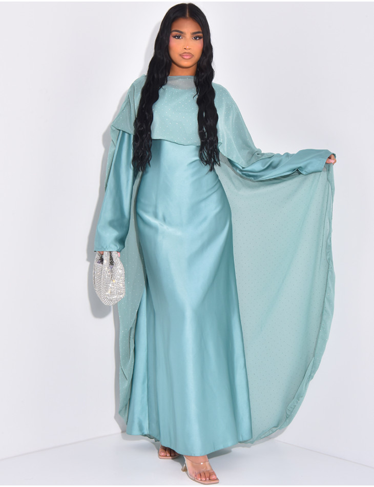 Tie-back satin dress and rhinestone voile cape set