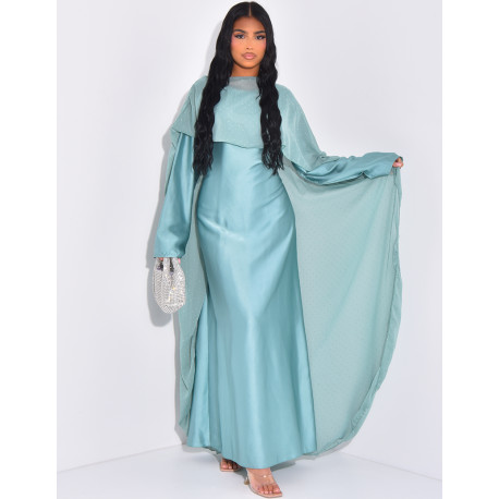 Ensemble robe en satin à nouer et cape en voile à strass