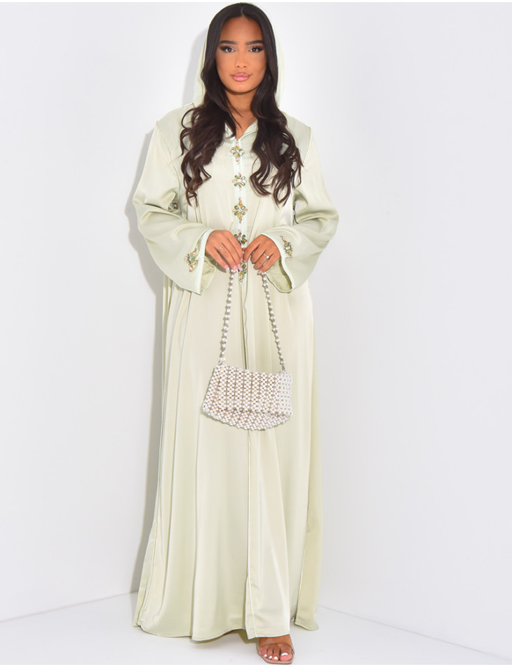 Premium satin abaya with hood and hand-sewn crystals