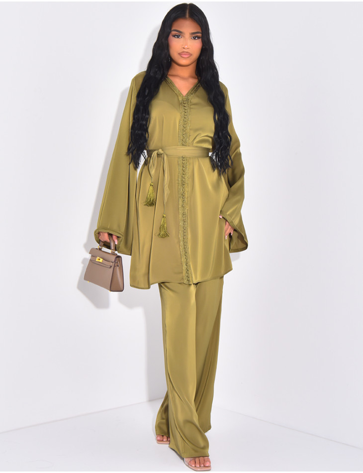 Embroidered satin trousers and tunic set