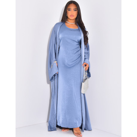 Ensemble robe et kimono premium en satin texturé à cristaux brodés à la main