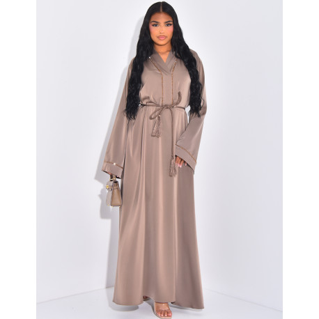 Satin abaya with embroidered beading and waist belt