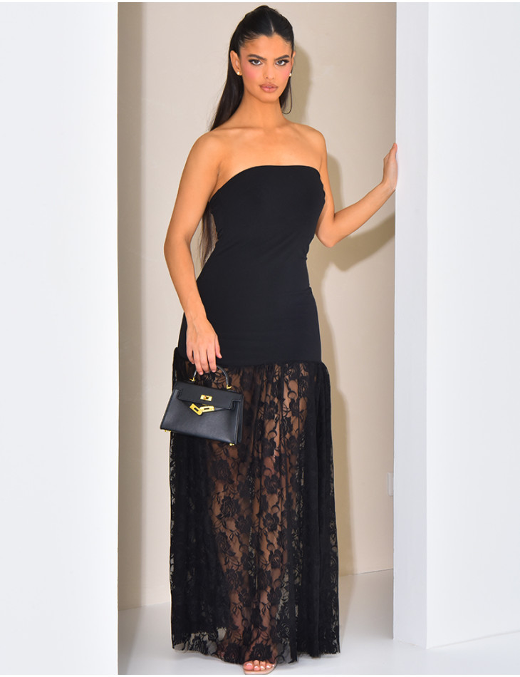 Strapless long dress with lace yoke