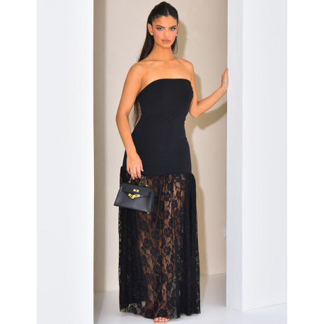 Strapless long dress with lace yoke