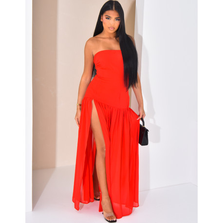 Strapless maxi dress with voile on the bottom