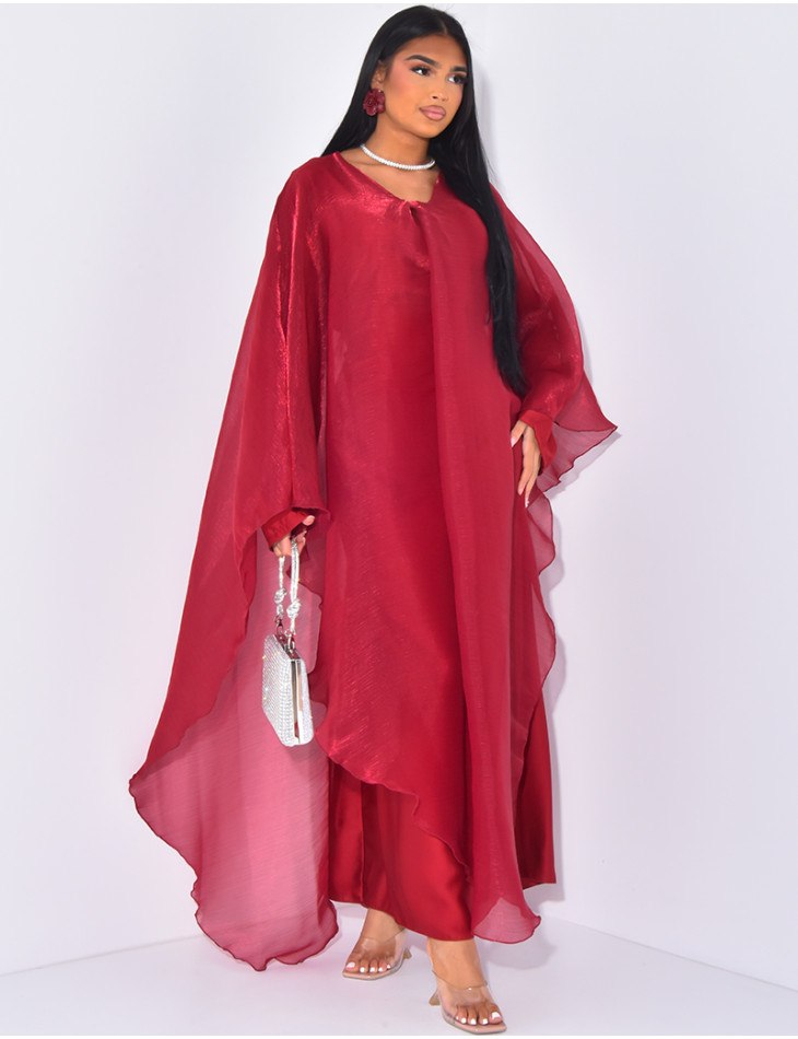 Abaya à sous robe en satin et cape en voile irrisé