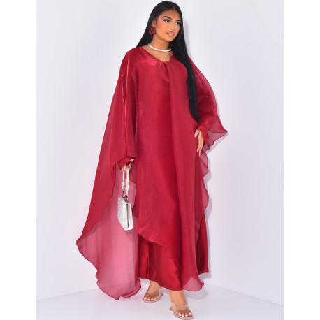 Abaya à sous robe en satin et cape en voile irrisé