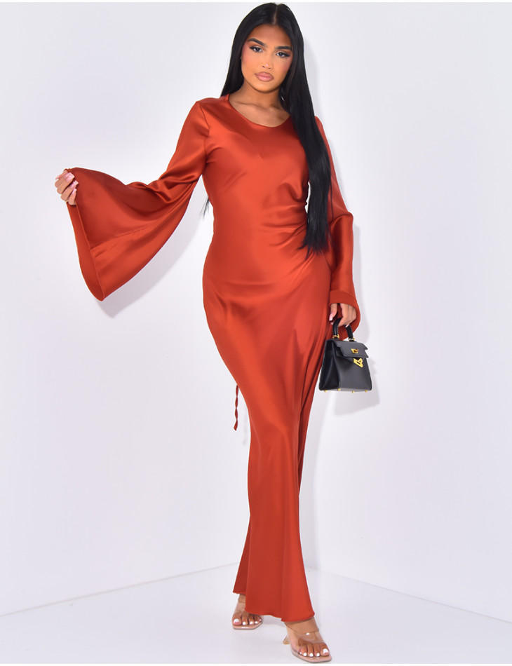 Satin maxi dress with back tie, flared sleeves