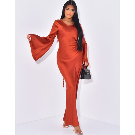 Satin maxi dress with back tie, flared sleeves