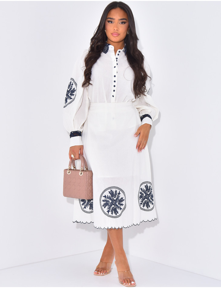 Cotton skirt and shirt set with embroidery