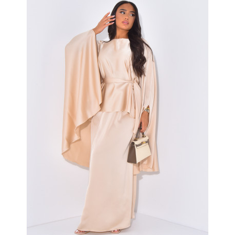 Long skirt and tunic set with satin cape to tie