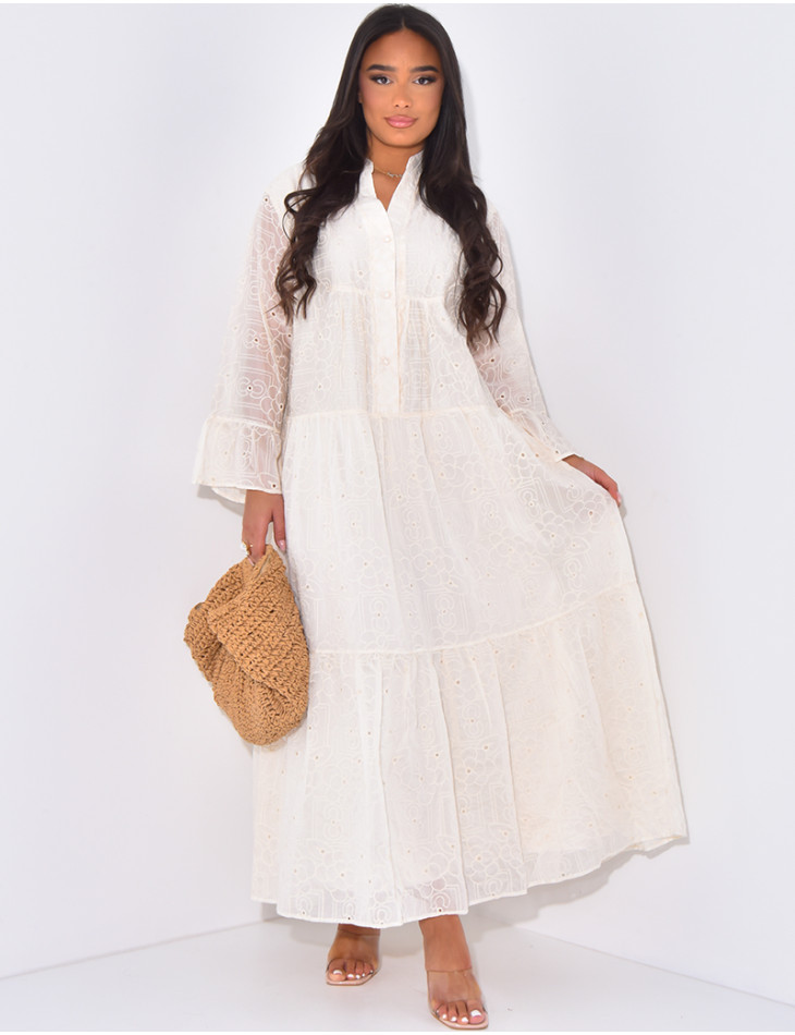 Long, loose embroidered dress