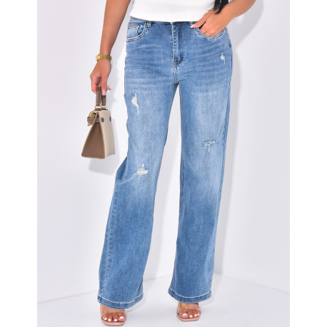 Hoch taillierte, gerade geschnittene Destroyed- und Stretch-Jeans