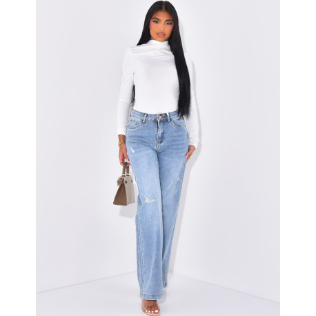 Jeans taille haute coupe droite destroy et stretch