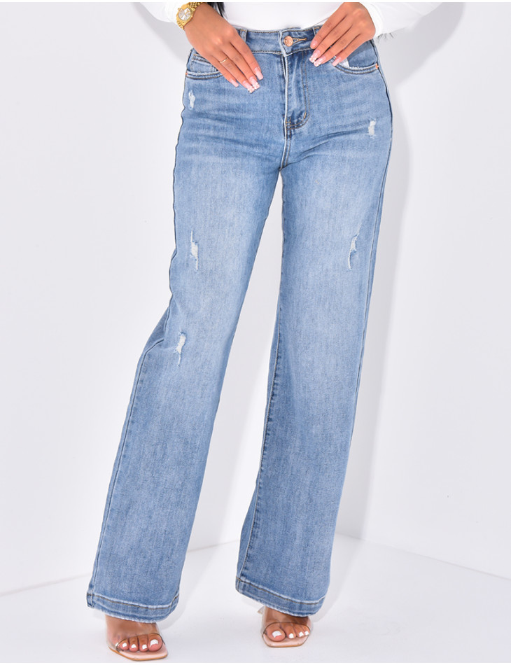 Jeans taille haute coupe droite destroy et stretch