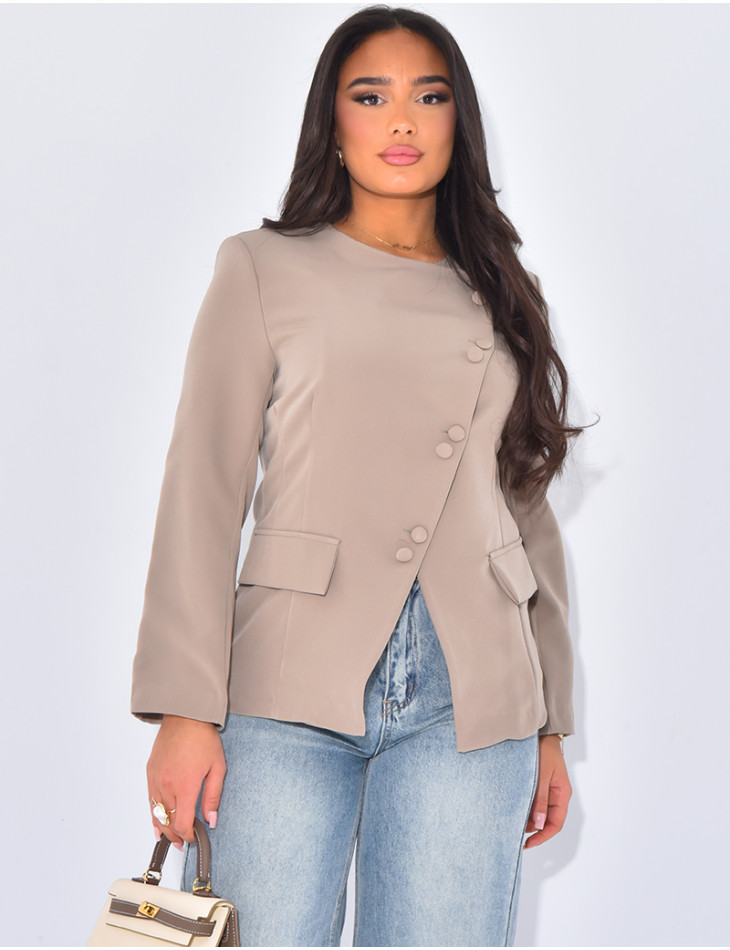 Blazer jacket with asymmetric button fastening